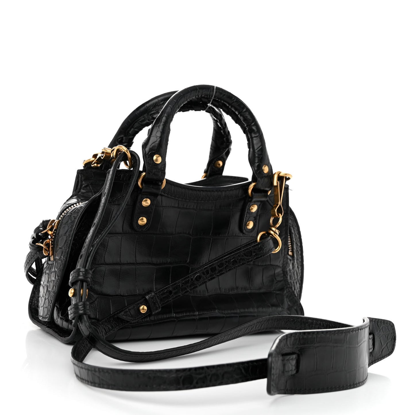 Shiny Supple Calfskin Crocodile Embossed Neo Classic Gold Hardware Mini City Black