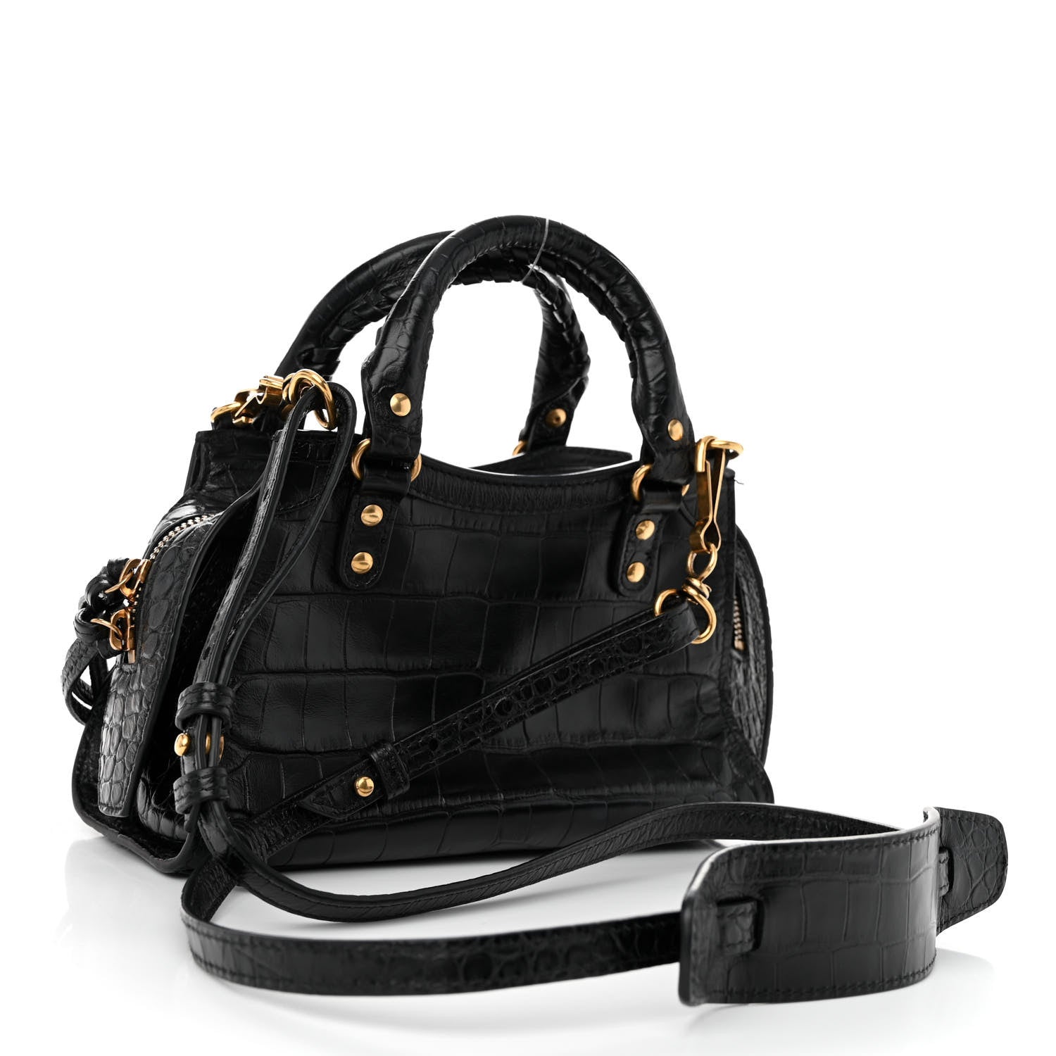 Balenciaga Shiny Supple Calfskin Crocodile Embossed Neo Classic Gold Hardware Mini City Black 3 of 10