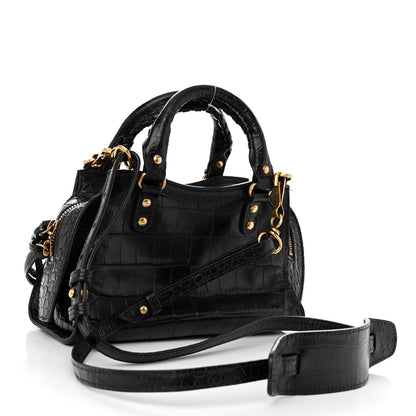 Balenciaga Shiny Supple Calfskin Crocodile Embossed Neo Classic Gold Hardware Mini City Black 3 of 10