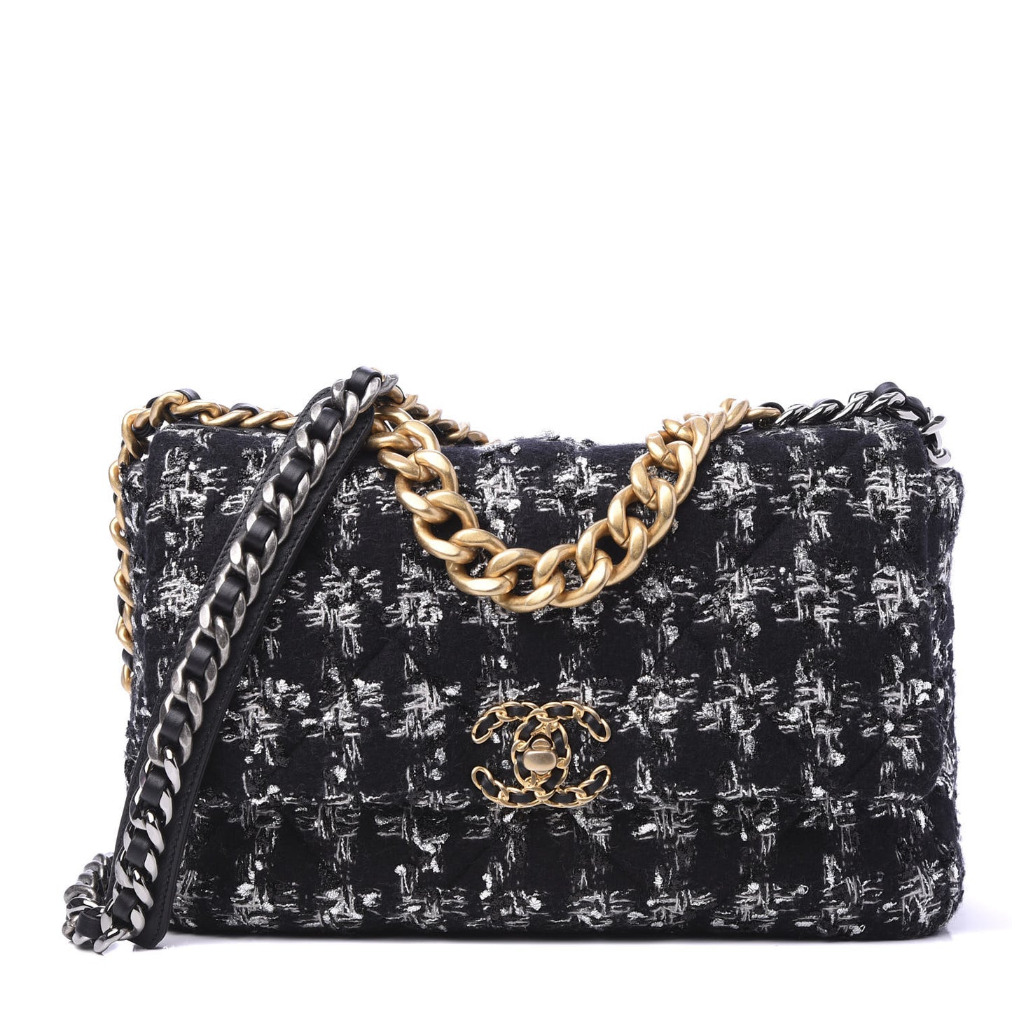 Tweed Quilted Large 19 Flap Black Ecru White