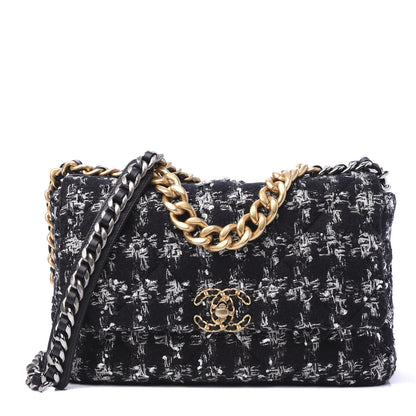 Chanel Tweed Quilted Large 19 Flap Black Ecru White 1 of 10