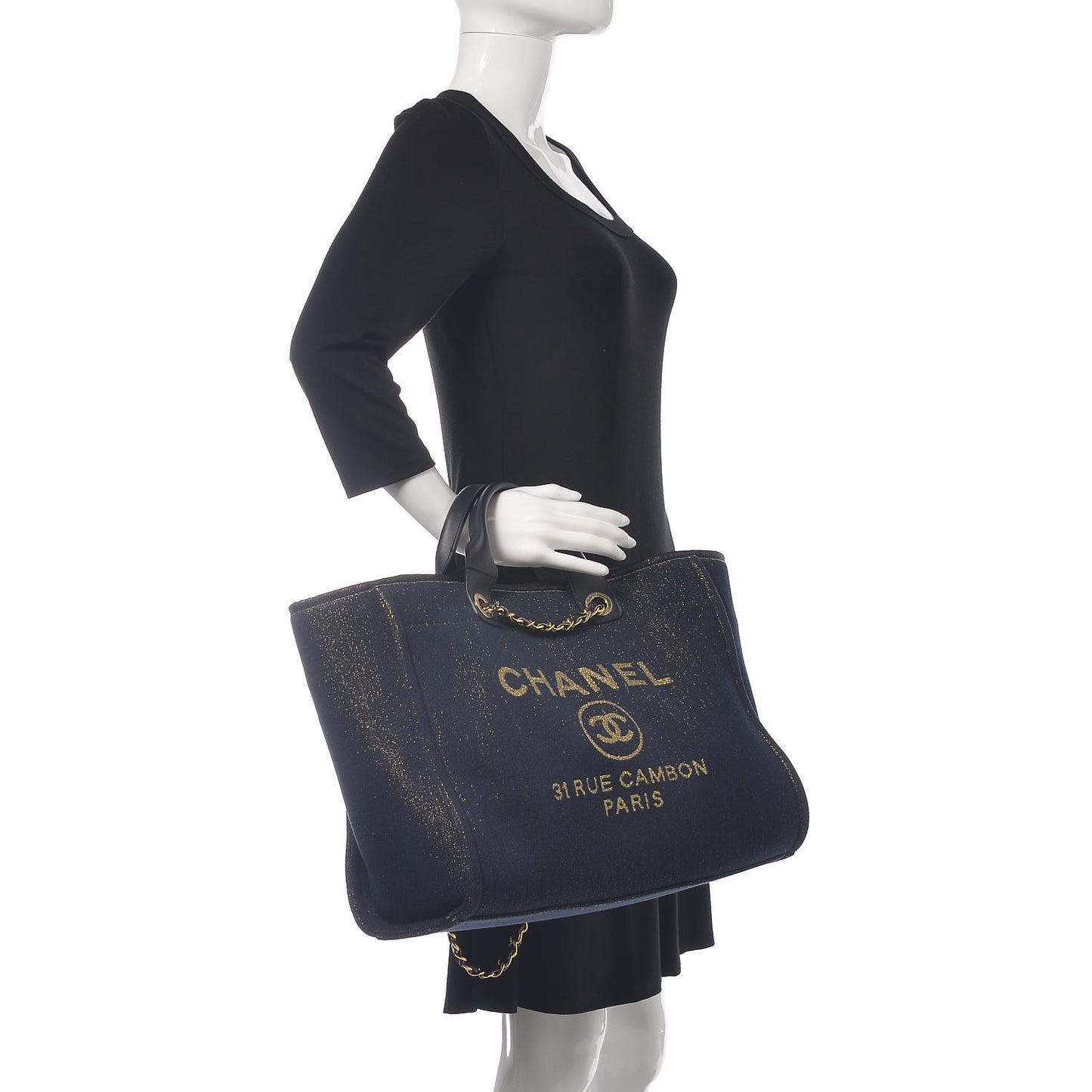 Lurex Canvas Medium Deauville Tote Navy Blue Gold
