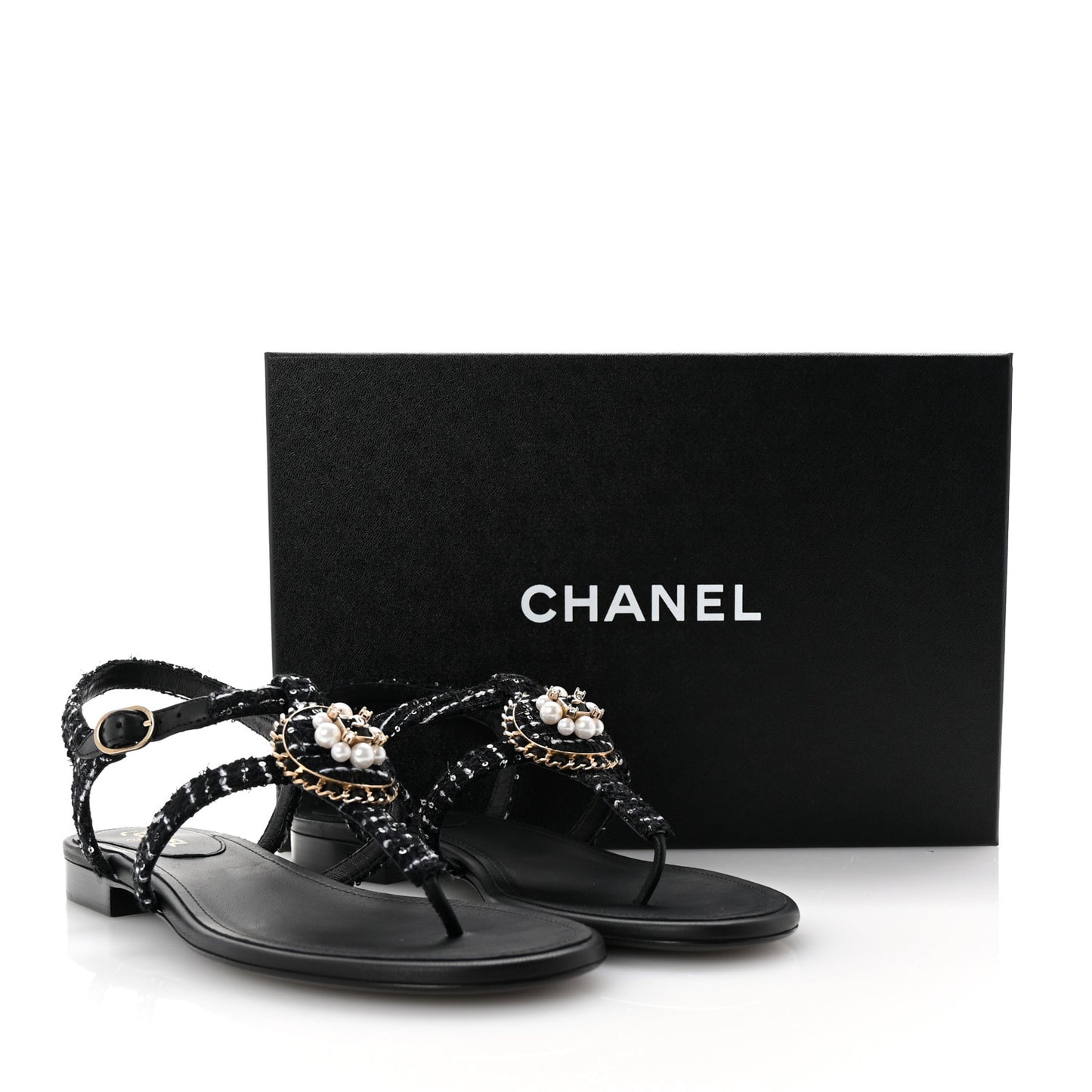 Cotton Tweed CC Charm Thong Sandals 39 Black White