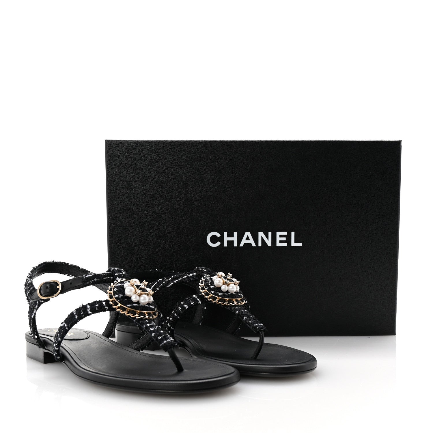 Chanel Cotton Tweed CC Charm Thong Sandals 39 Black White 10 of 10