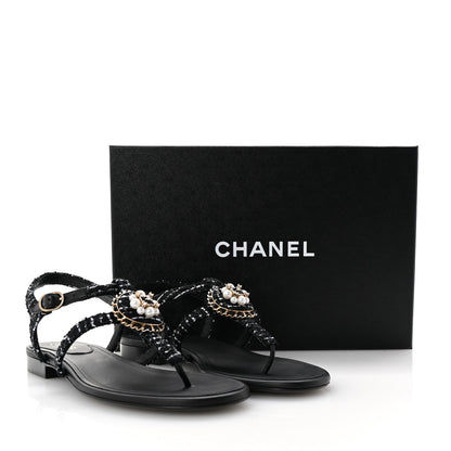 Chanel Cotton Tweed CC Charm Thong Sandals 39 Black White 10 of 10