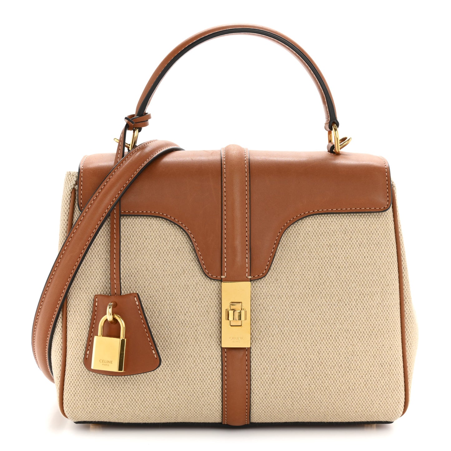 Canvas Calfskin Small 16 Top Handle Bag Natural Tan