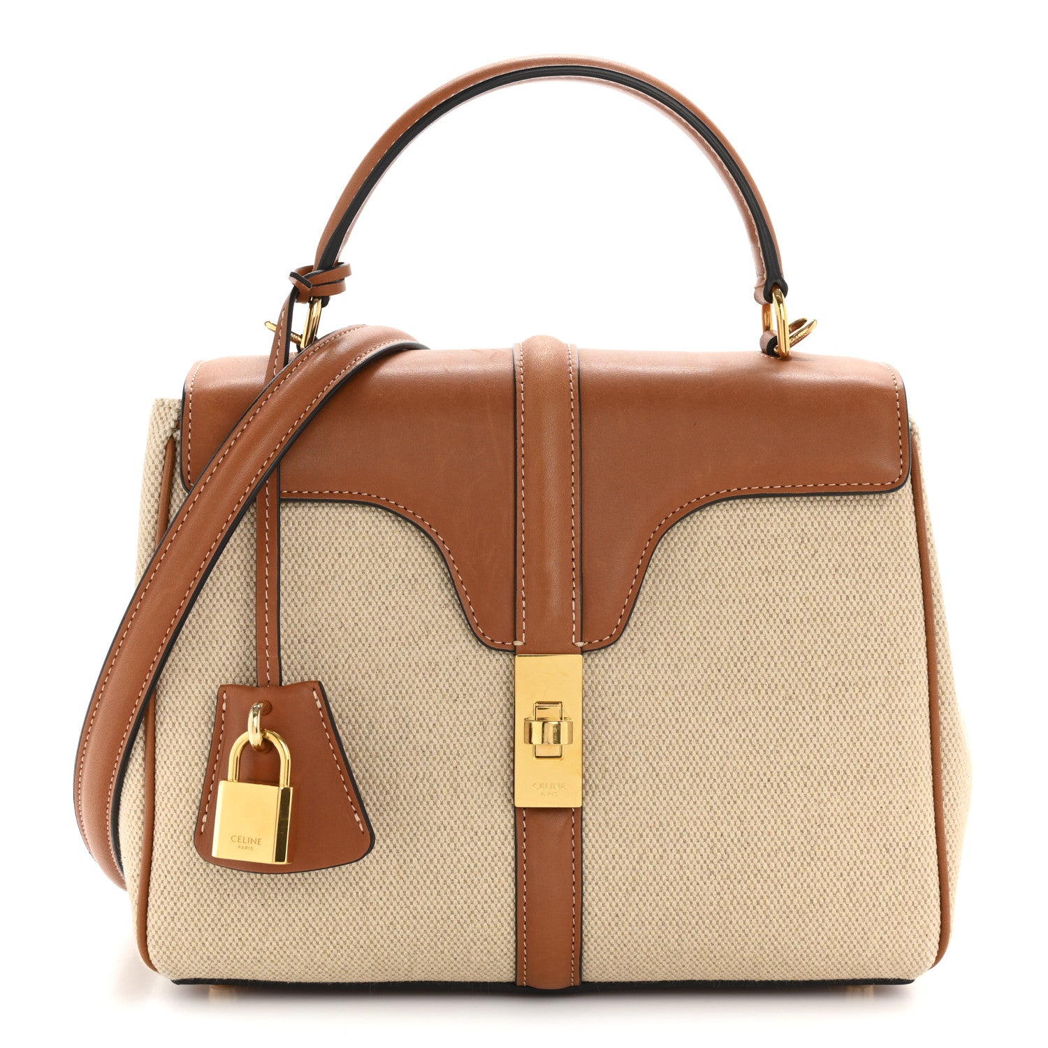 Celine Canvas Calfskin Small 16 Top Handle Bag Natural Tan 1 of 15