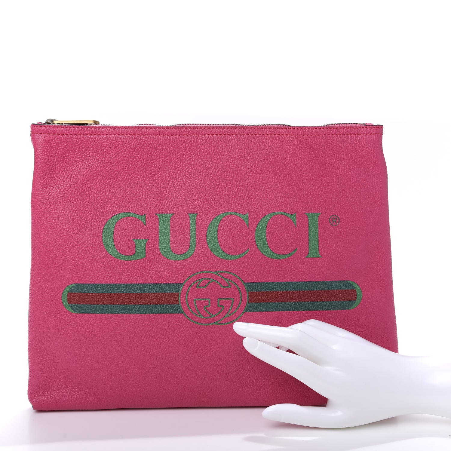 Gucci Pebbled Calfskin Medium Logo Portfolio Clutch Box Pink Green 2 of 8
