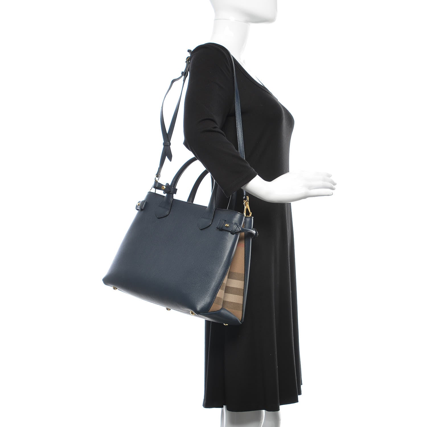 Burberry Grainy Calfskin House Check Medium Banner Tote Ink Blue 2 of 10