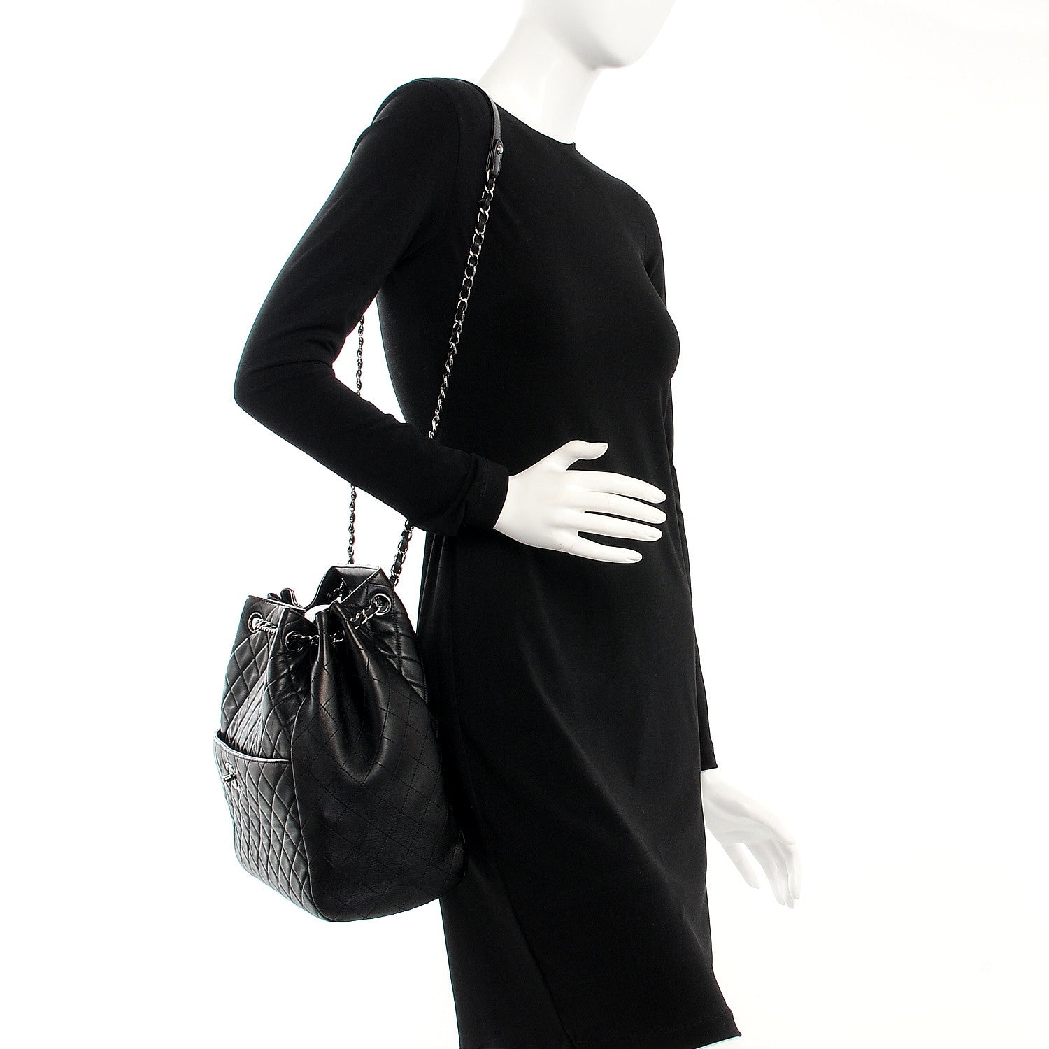 Chanel Lambskin Quilted Large Drawstring Bag Black 2 of 8