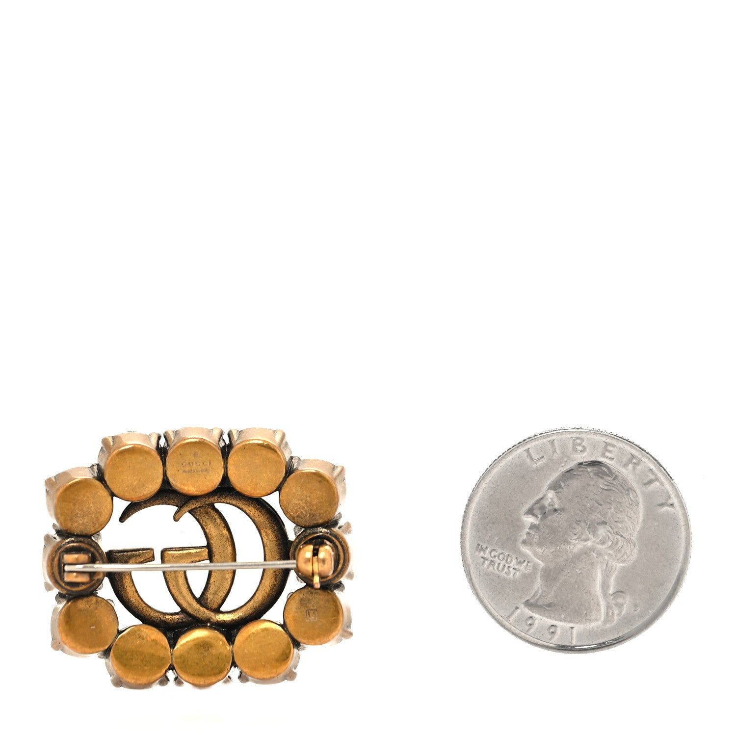 Gucci Metal Crystal Double G Brooch Aged Gold Green 2 of 3