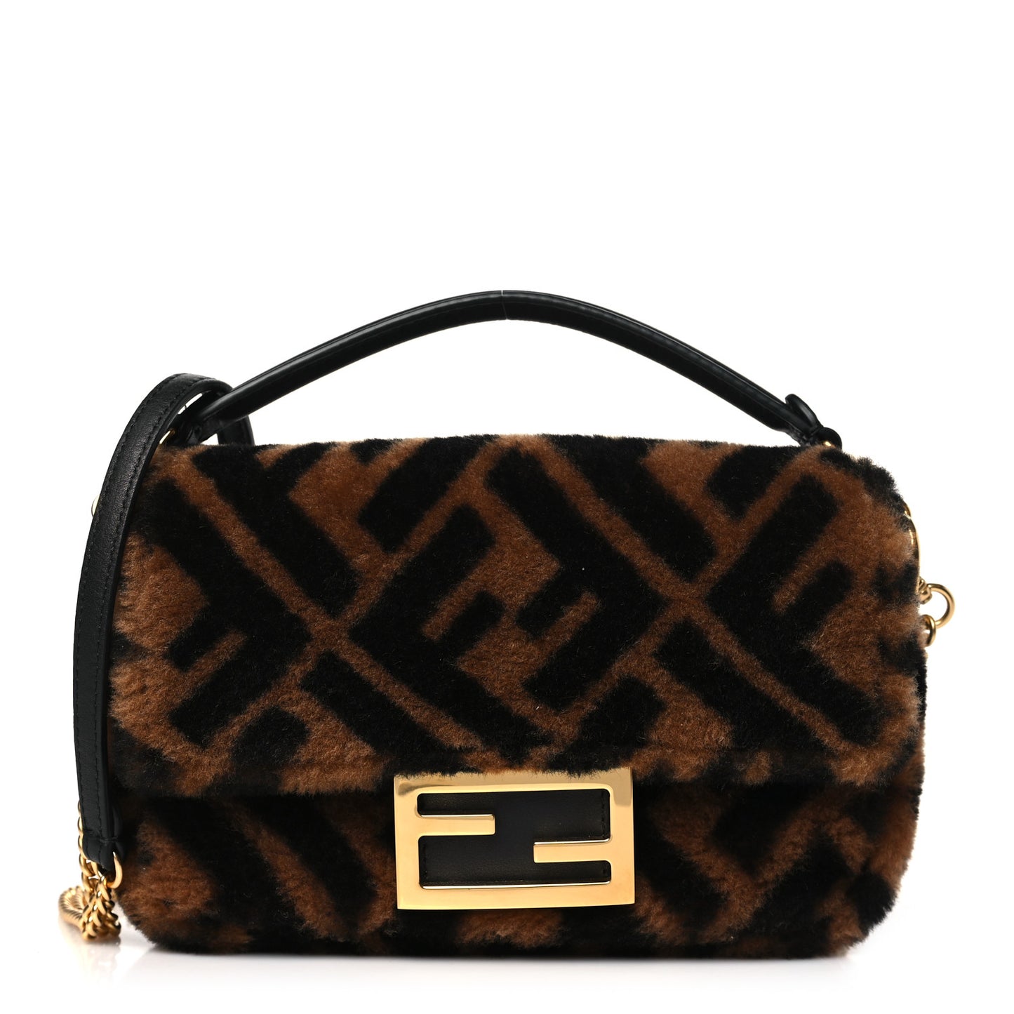 Shearling Vitello Dolce Macro FF 1974 Mini Baguette Tobacco Black