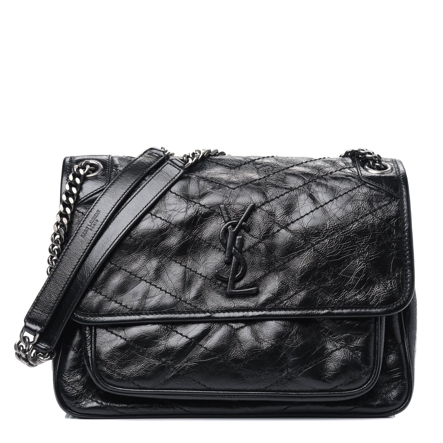 Crinkled Calfskin Matelasse Monogram Medium Niki Chain Satchel Black
