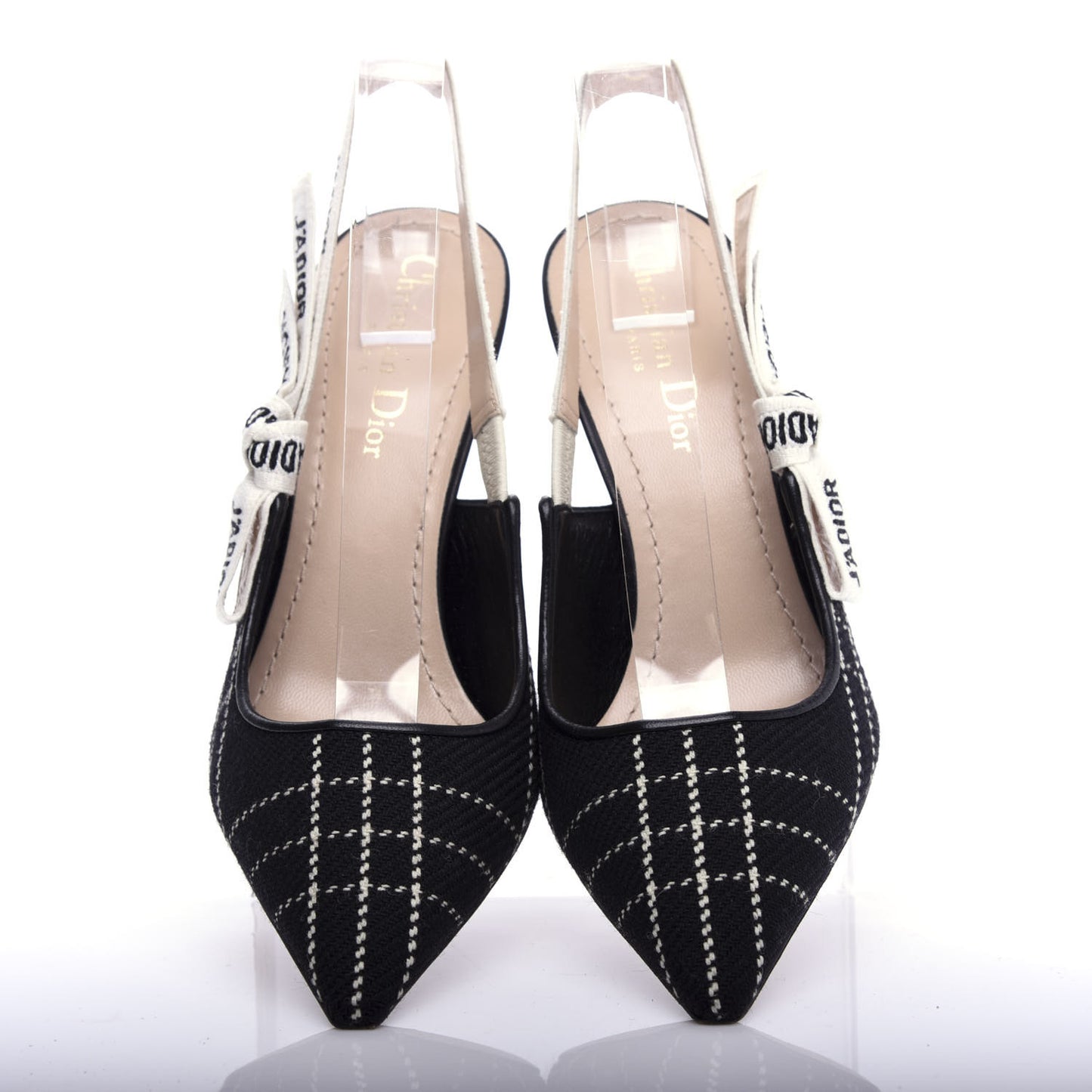Fabric Ribbon Tartan Plaid J'Adoir Slingback 100mm Pumps 37.5 Black White