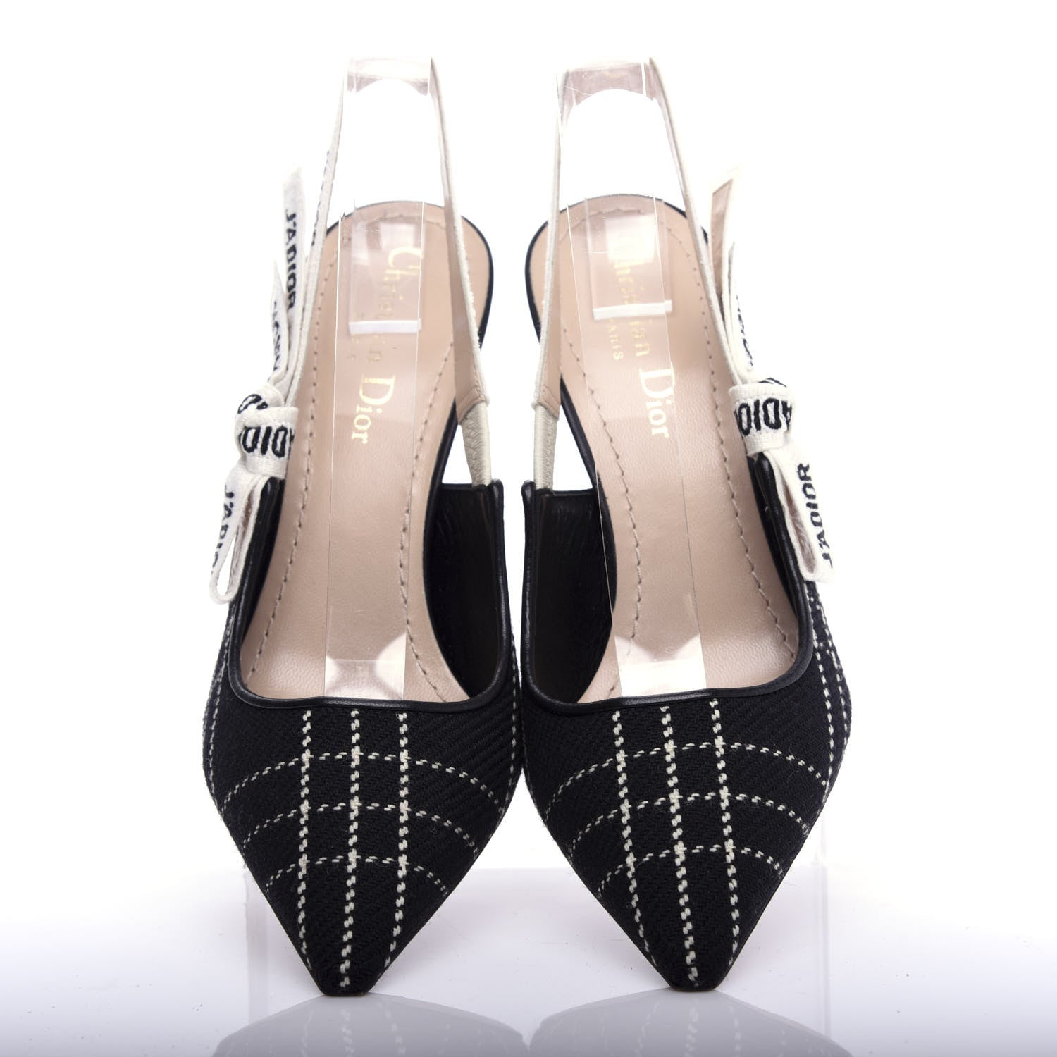 Christian Dior Fabric Ribbon Tartan Plaid J'Adoir Slingback 100mm Pumps 37.5 Black White 5 of 11