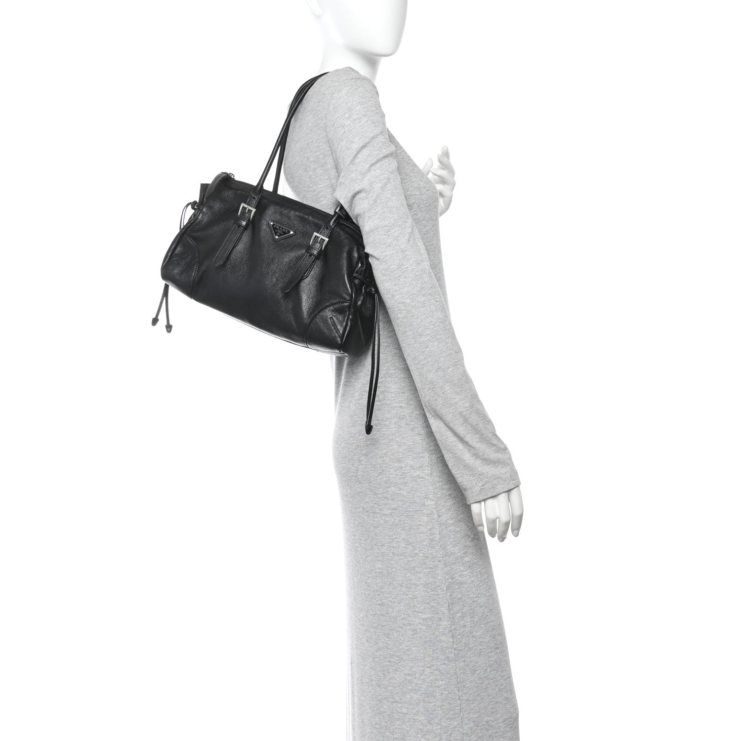 Prada Antiqued Calfskin Triangle Medium Bonnie Shoulder Bag Black 2 of 10
