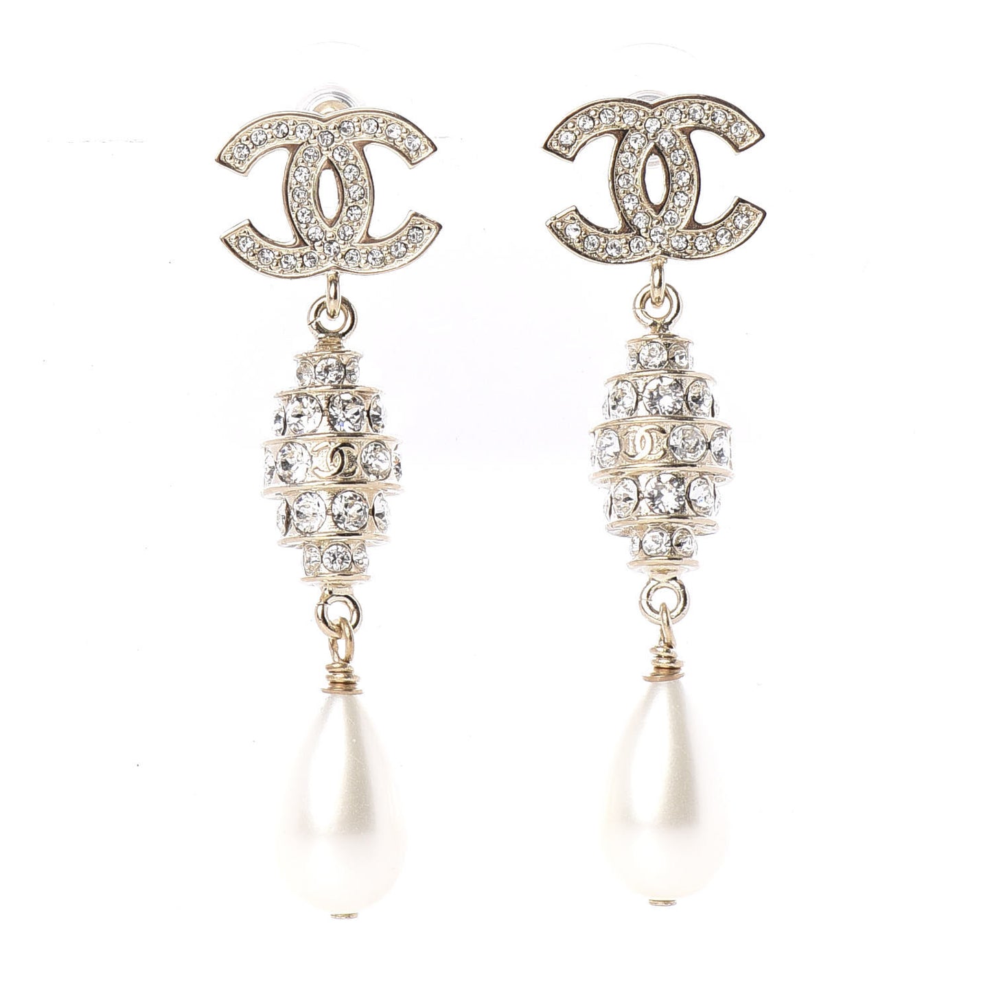 Pearl Crystal CC Drop Earrings Gold