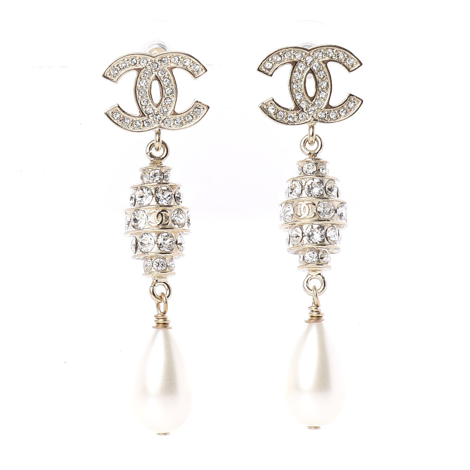 Chanel Pearl Crystal CC Drop Earrings Gold 1 of 5