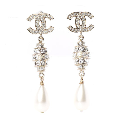 Chanel Pearl Crystal CC Drop Earrings Gold 1 of 5