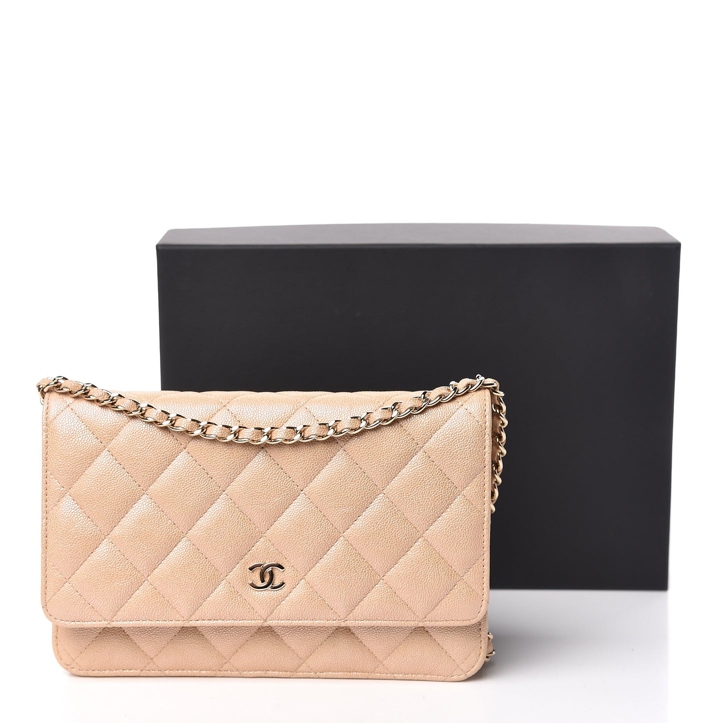 Iridescent Caviar Quilted Wallet On Chain WOC Beige