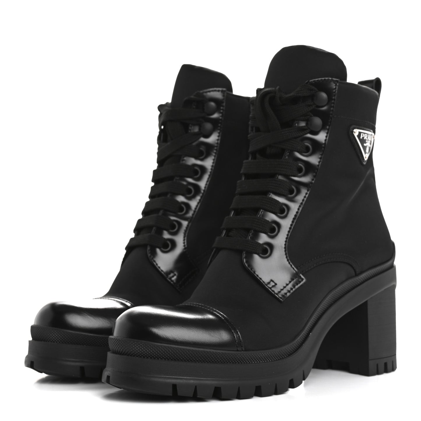 Spazzolato Re-Nylon Metal Triangle Logo Lace Up 55mm Ankle Boots 37.5 Black