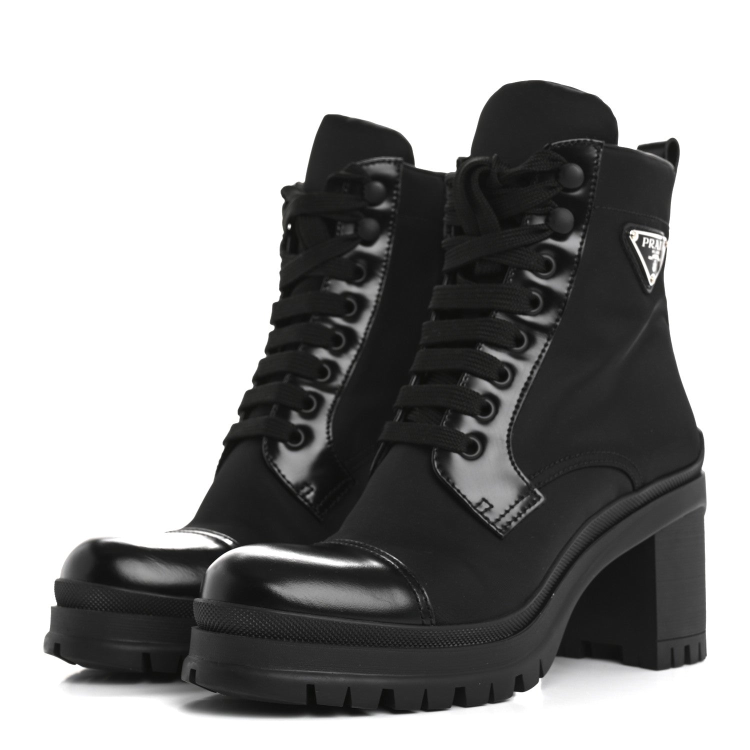 Prada Spazzolato Re-Nylon Metal Triangle Logo Lace Up 55mm Ankle Boots 37.5 Black 4 of 16