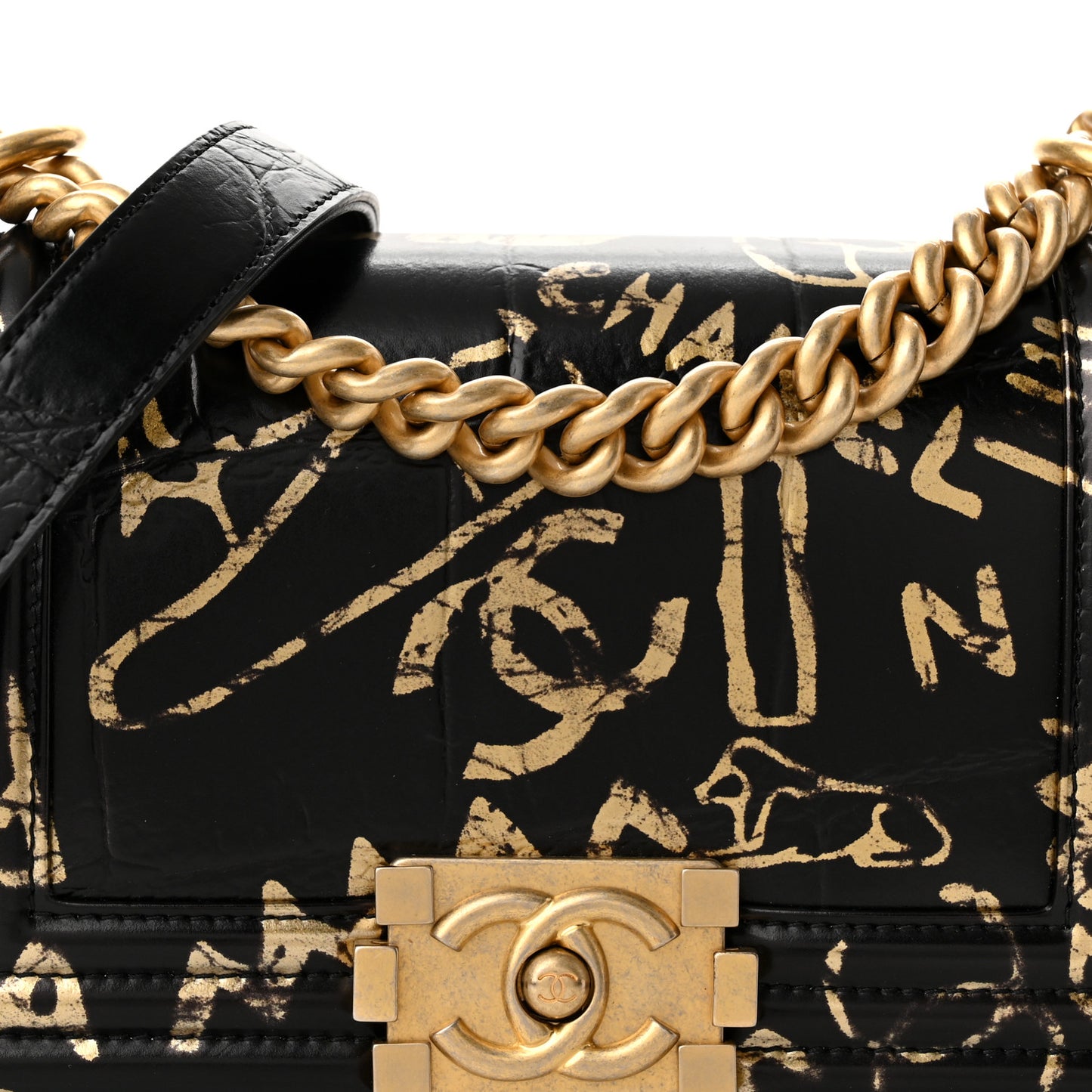 Calfskin Crocodile Embossed Graffiti Cocodile Small Boy Flap Black Gold