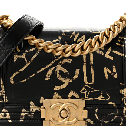 Chanel Calfskin Crocodile Embossed Graffiti Cocodile Small Boy Flap Black Gold 8 of 11