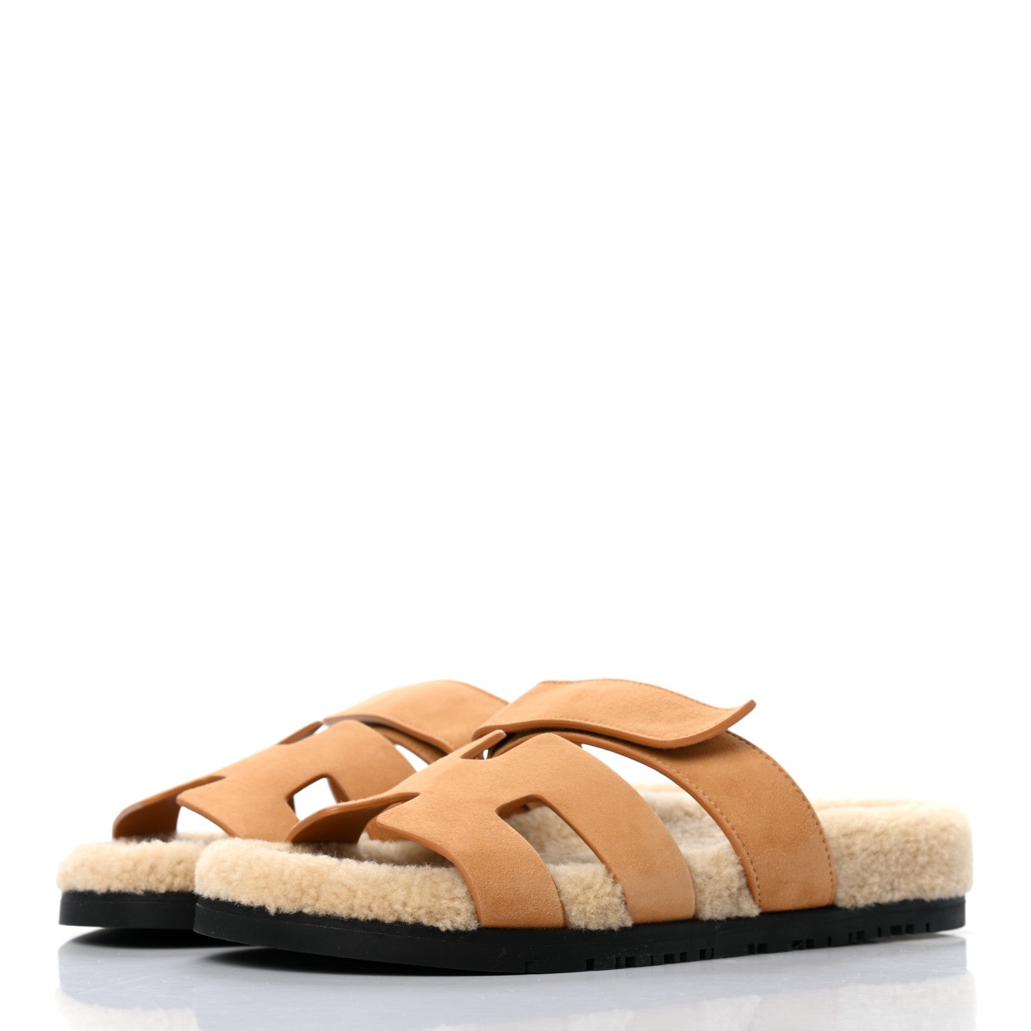 Hermes Suede Goatskin Woolskin Womens Chypre Sandals 37 Golden Beige 3 of 8