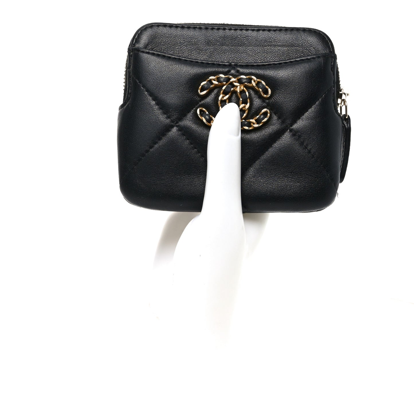Lambskin Quilted Chanel 19 Zip Card Holder Wallet Black