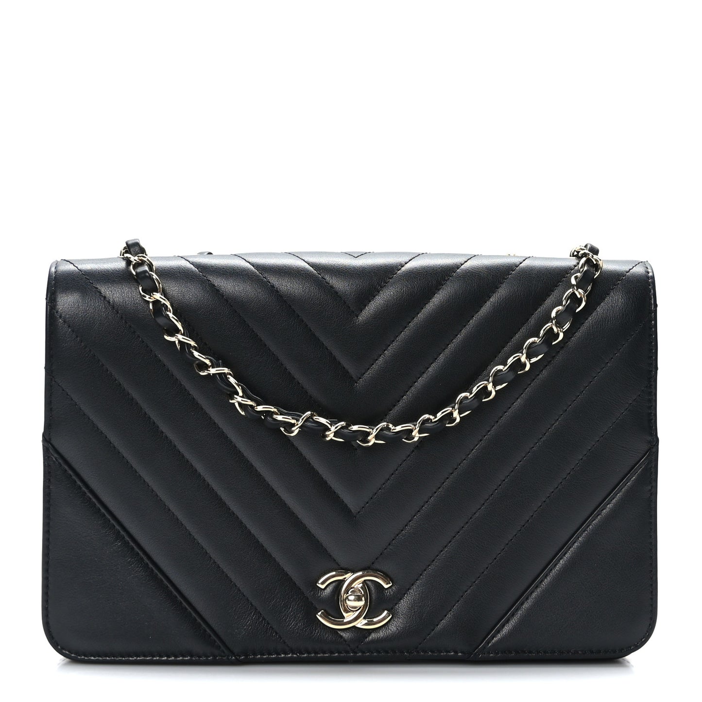 Calfskin Chevron Quilted Large Statement Flap Black
