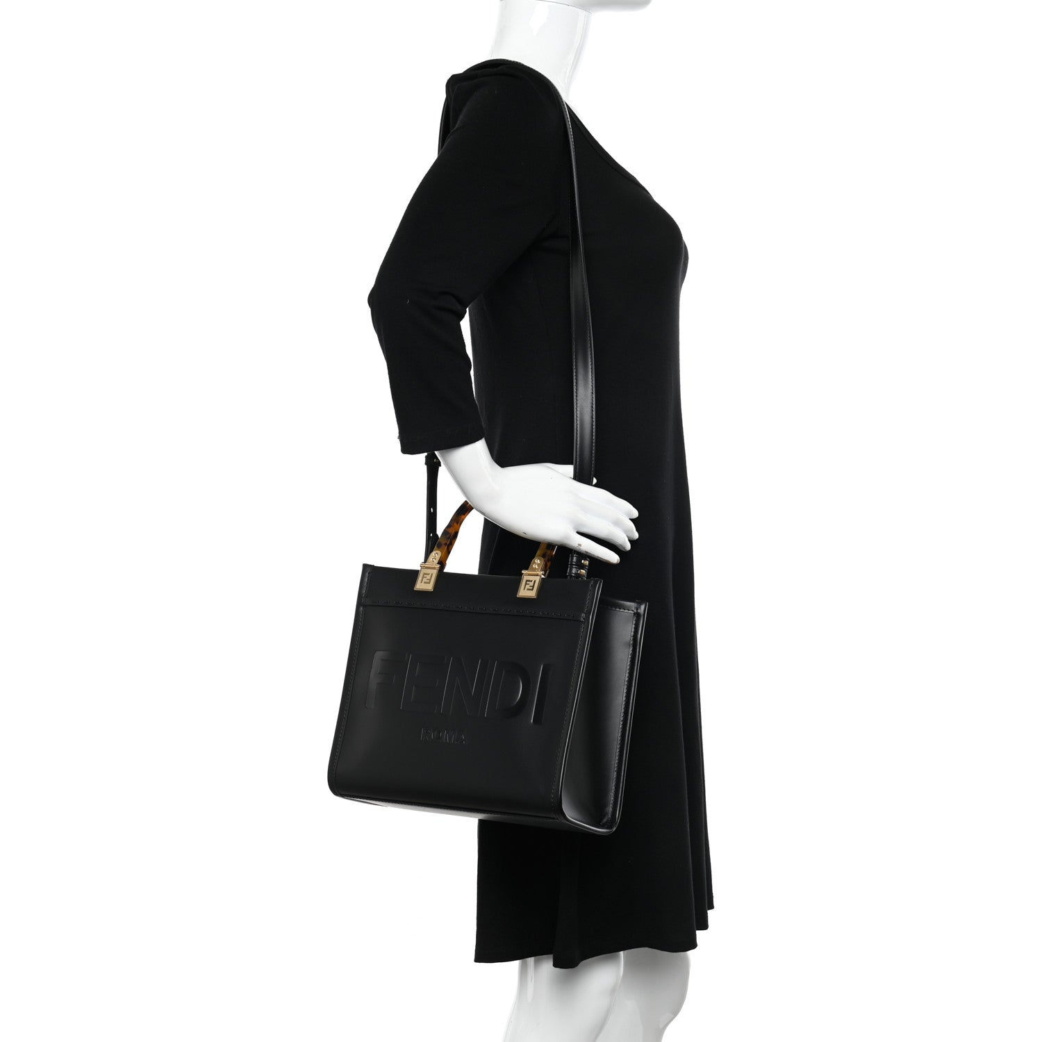 Fendi Vitello King Plexiglass Logo Embossed Small Fendi Sunshine Shopper Tote Black 2 of 9