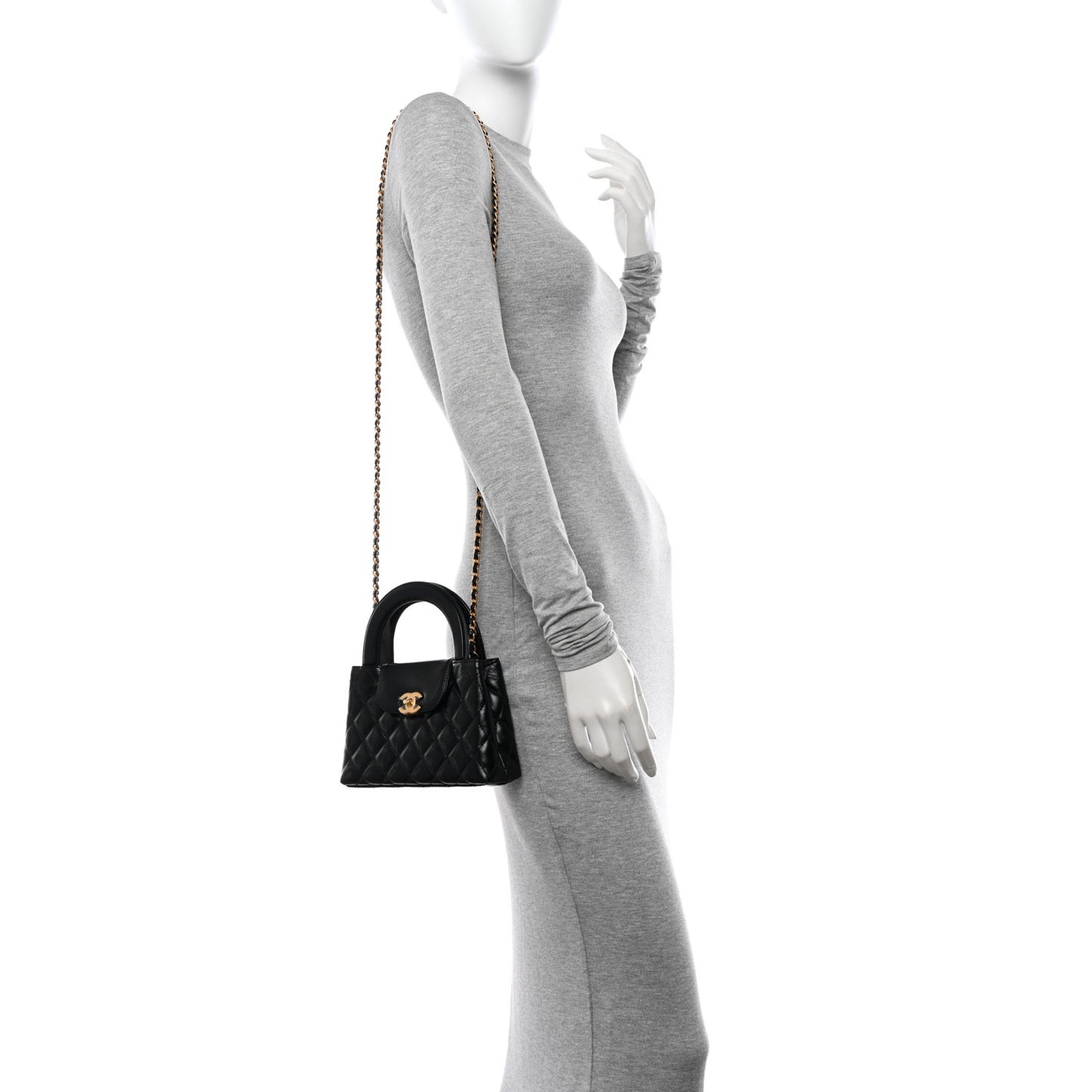 Shiny Aged Calfskin Quilted Nano Kelly Shopper Black