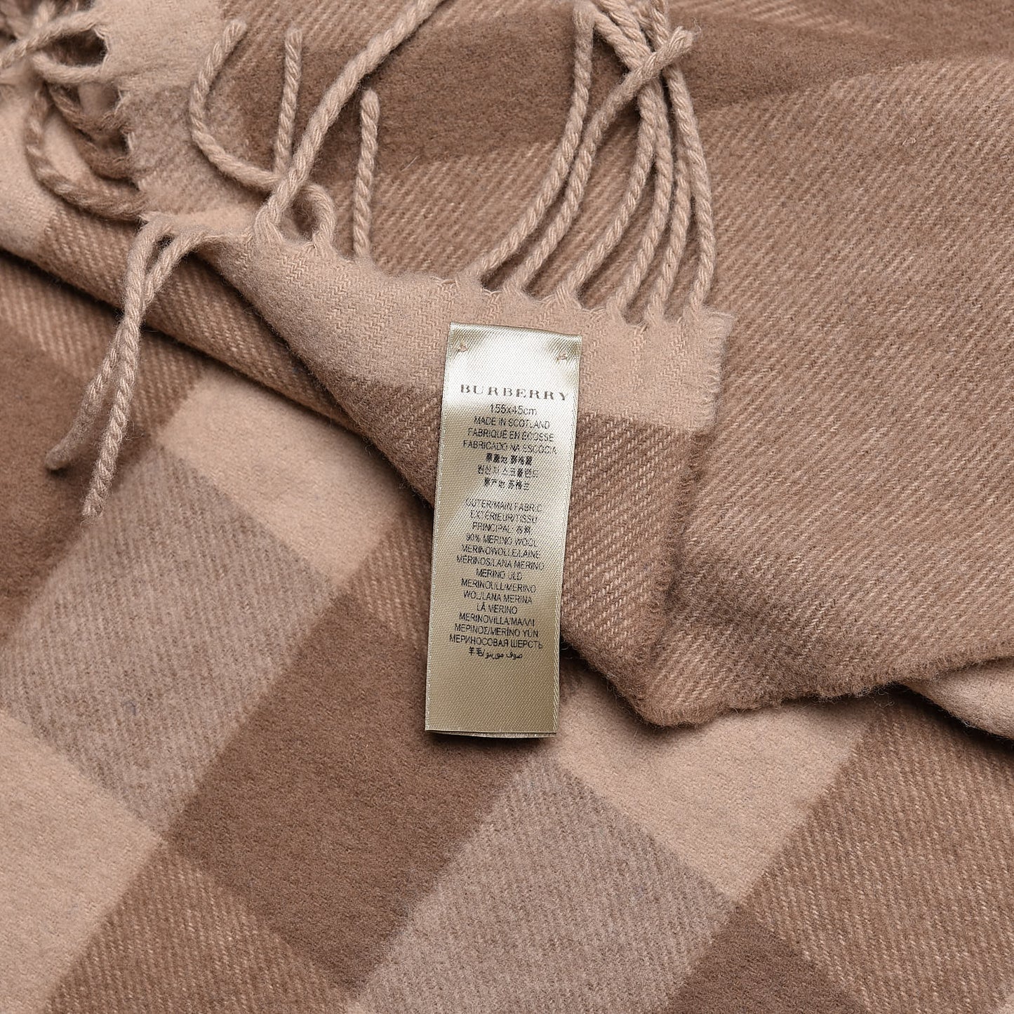 Merino Wool Half Mega Check Fringe Scarf Beige