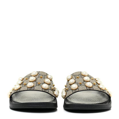 Gucci GG Supreme Monogram Slide Pearls Sandals 36 Beige 2 of 9