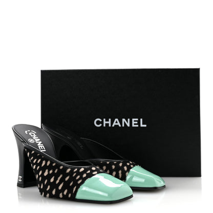Chanel Pony Hair Lambskin Patent Calfskin Cap Toe Mules 39 Black White Green 10 of 10