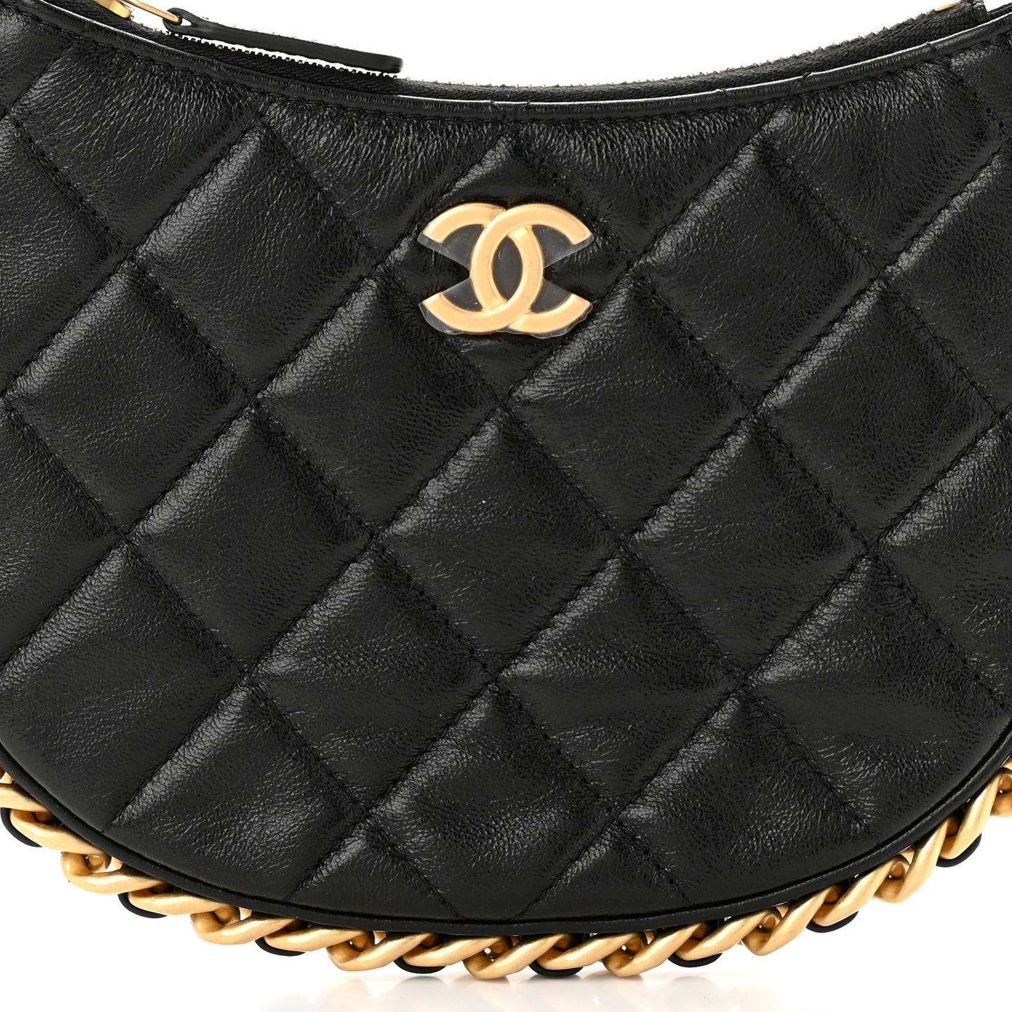 Shiny Crumbled Lambskin Quilted Round Small CC Hobo Black