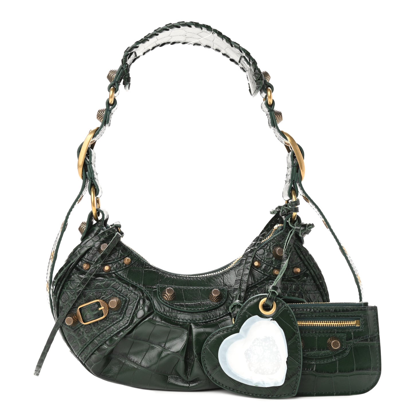Extra Supple Calfskin Crocodile Embossed Le Cagole Shoulder Bag XS Forest Green