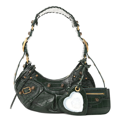 Balenciaga Extra Supple Calfskin Crocodile Embossed Le Cagole Shoulder Bag XS Forest Green 1 of 12