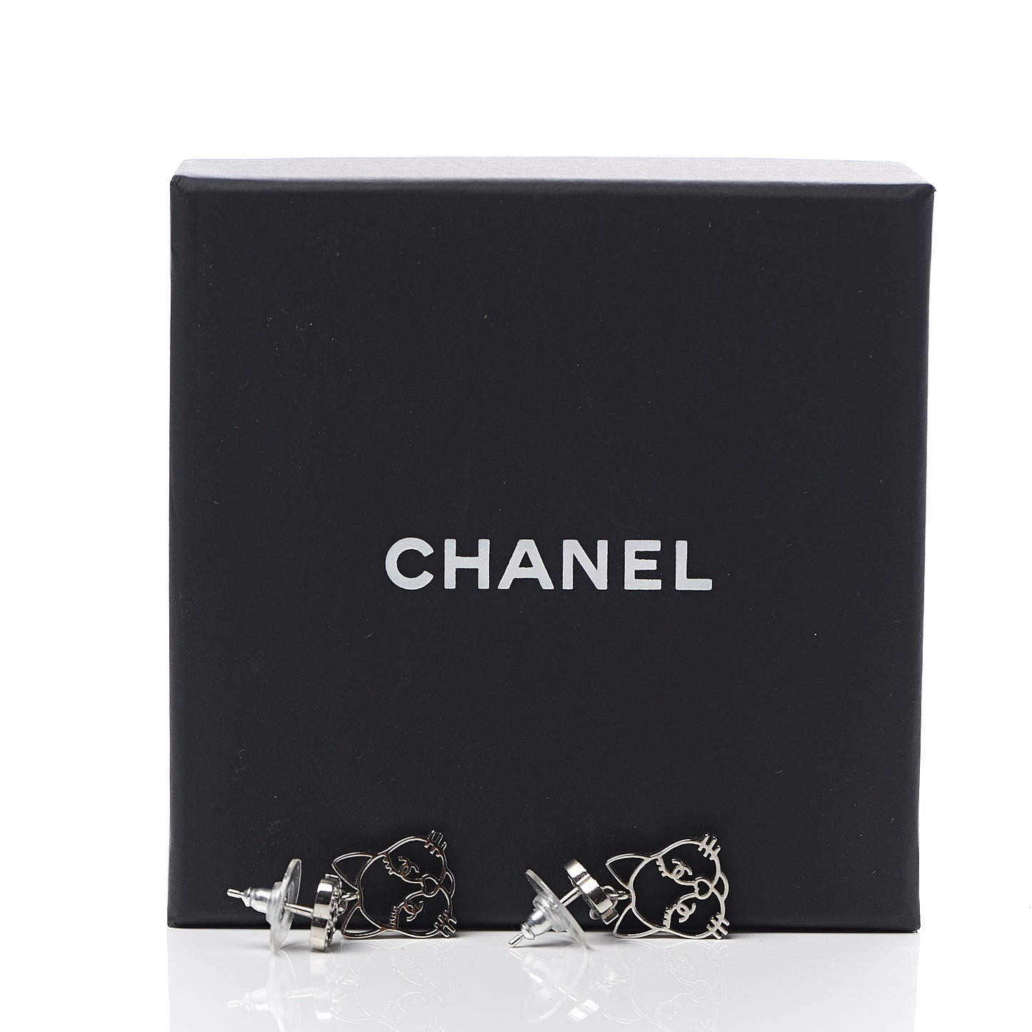 Crystal Emoji Choupette Cat CC Earrings Silver