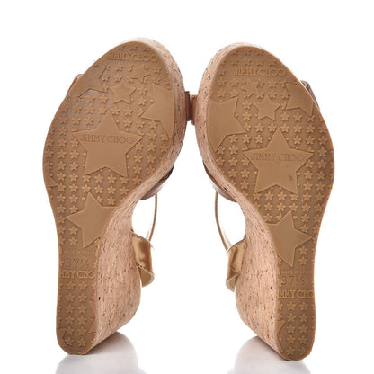 Jimmy Choo Metallic Calfskin Papyrus Cork Wedge Sandals 37.5 Gold 7 of 10