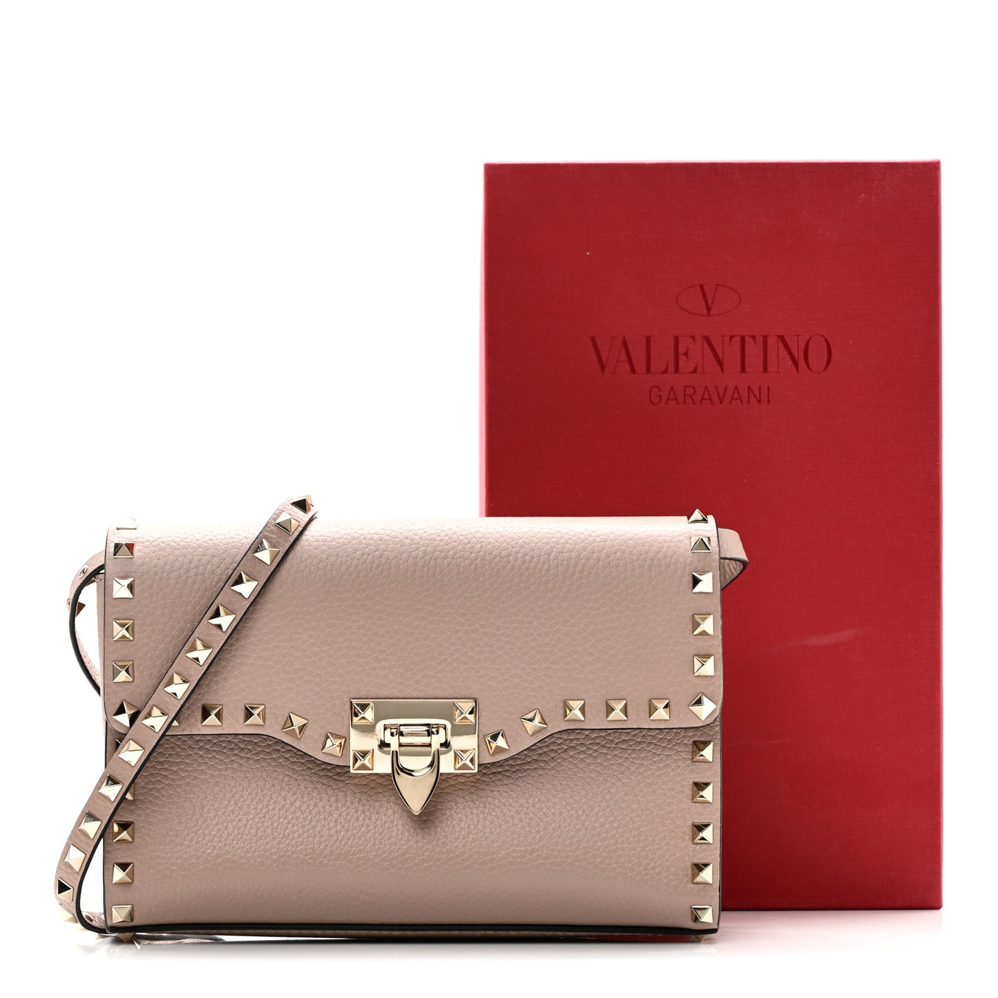 Pebbled Calfskin Medium Rockstud Flip Lock Crossbody Bag Poudre