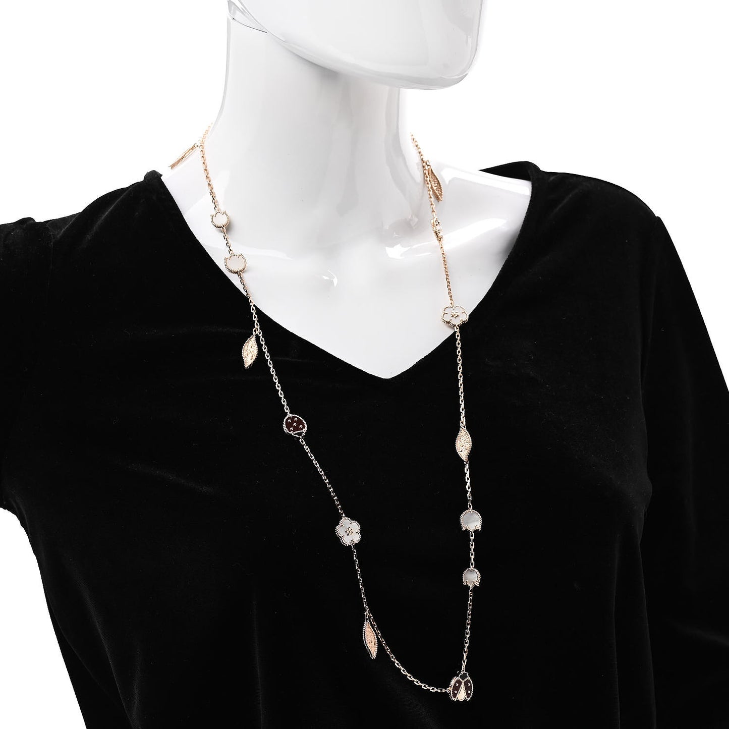 18K Rose Gold Mother of Pearl Carnelian Onyx 15 Motifs Lucky Spring Long Necklace