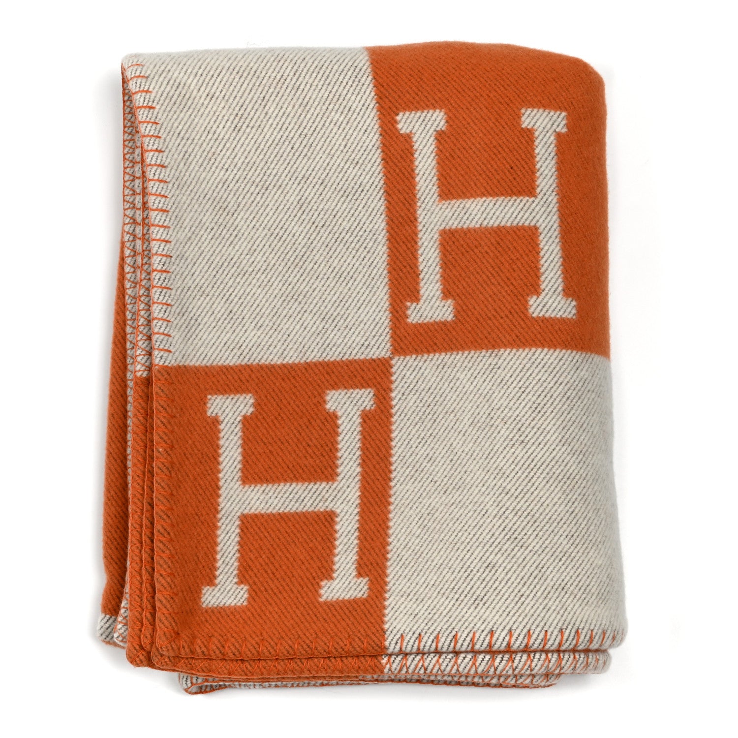 Hermes Wool Cashmere Signature Classic Avalon Blanket Ecru Potiron 1 of 3