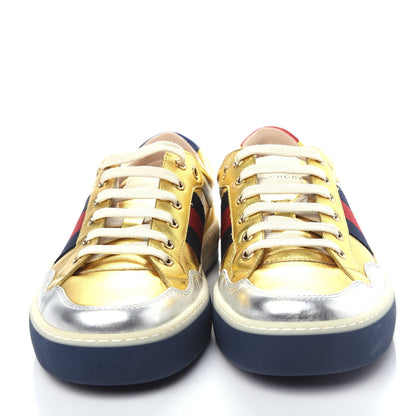 Gucci Metallic Nappa Web Mens Low Top Sneakers 8.5 Argento Oro Vecchio 5 of 11