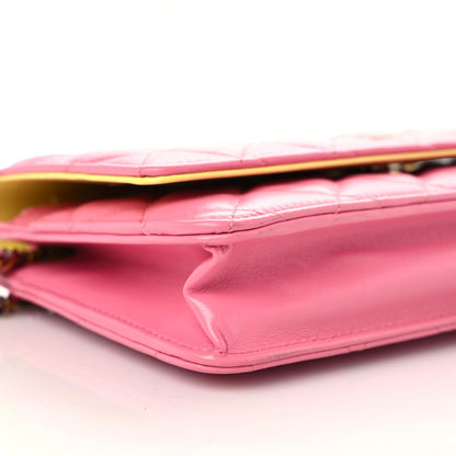 Chanel Lambskin Quilted Wallet On Chain WOC Pink Yellow 9 of 16