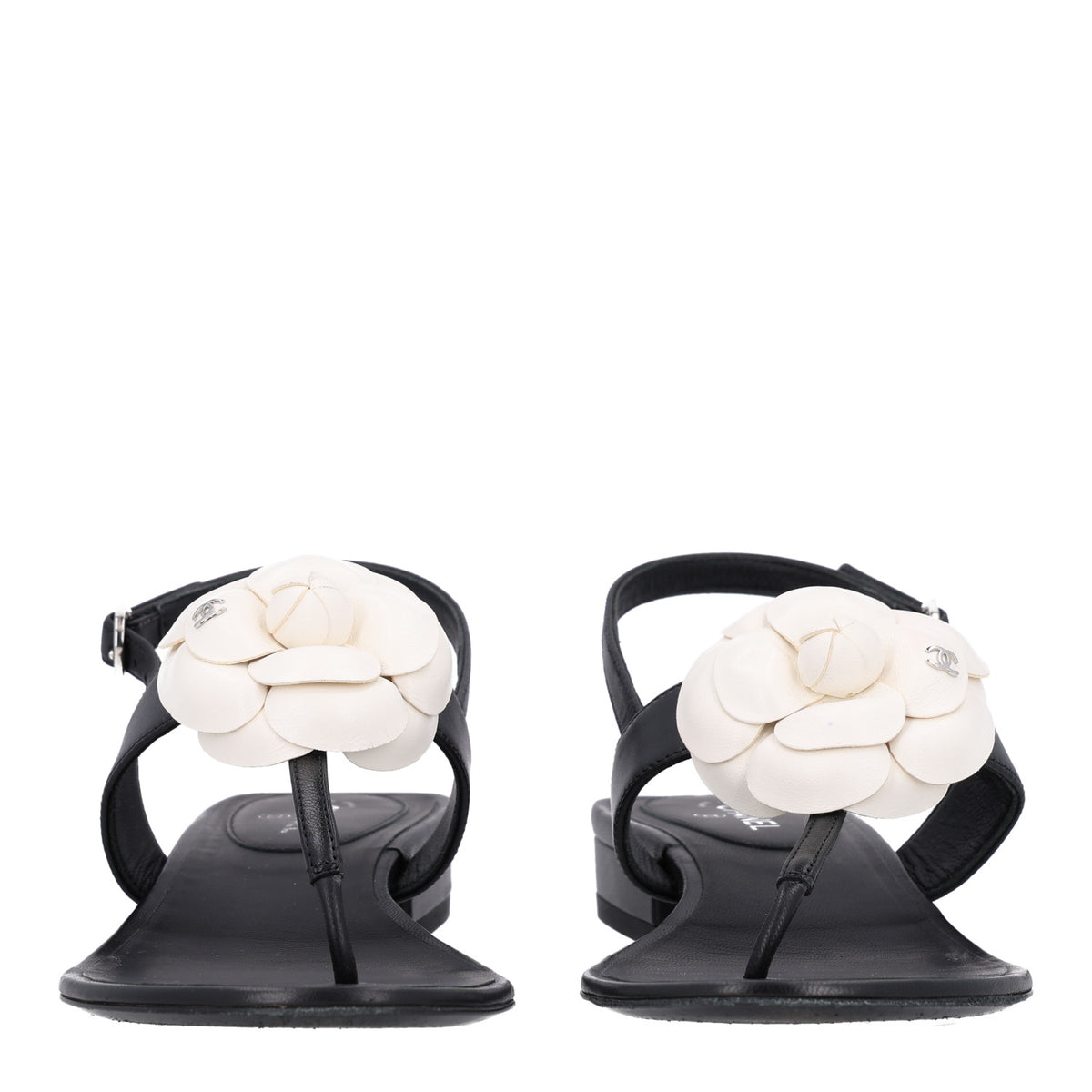 Chanel Lambskin Camellia Thong Sandals 36.5 Black White 3 of 10