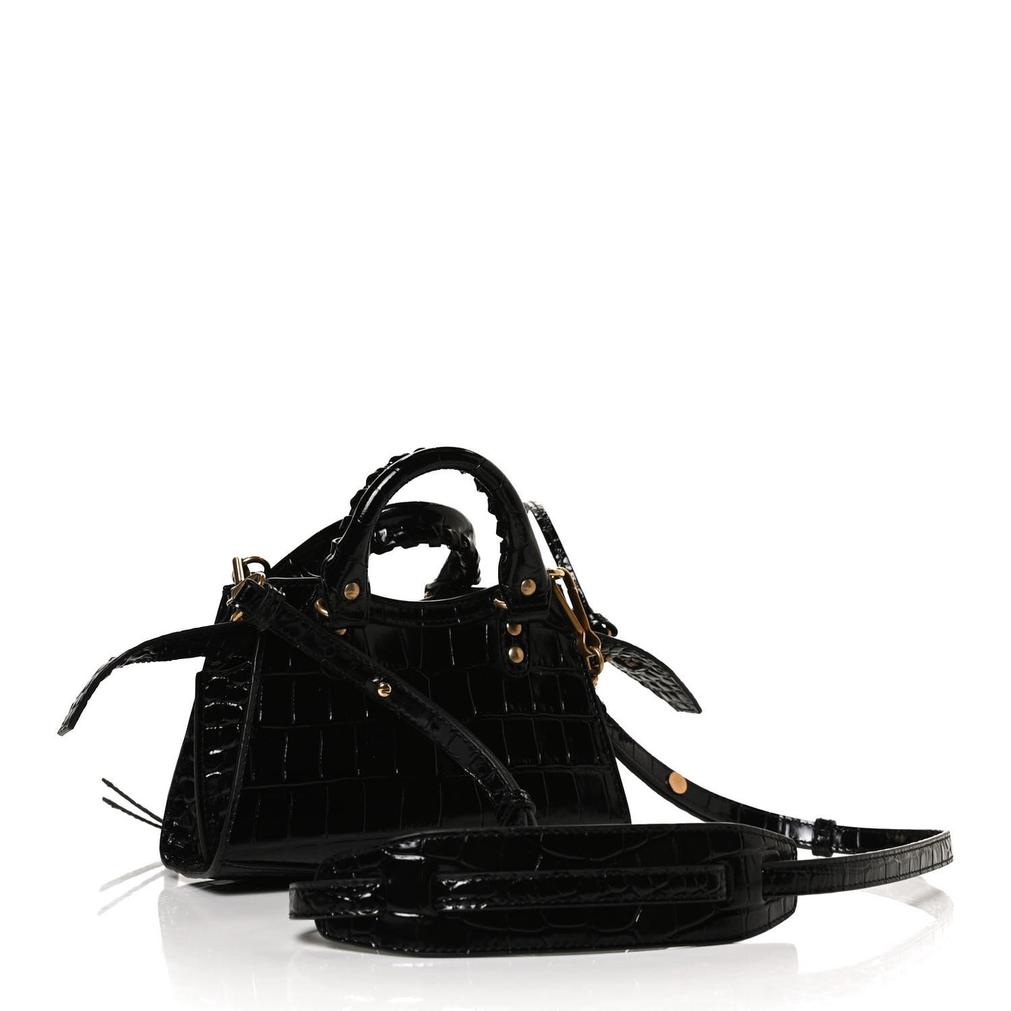 Shiny Supple Calfskin Crocodile Embossed Neo Classic Gold Hardware Nano City Crossbody Black