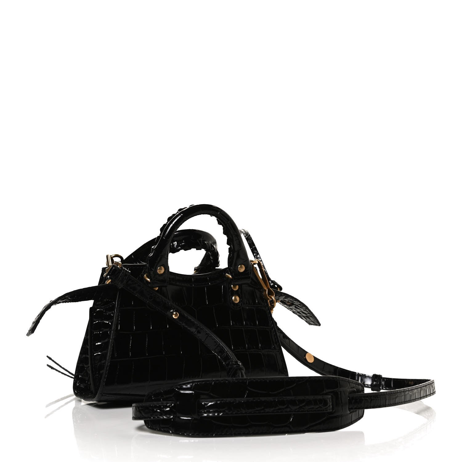 Balenciaga Shiny Supple Calfskin Crocodile Embossed Neo Classic Gold Hardware Nano City Crossbody Black 3 of 9
