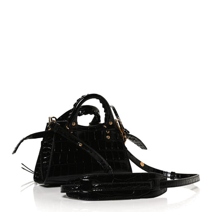 Balenciaga Shiny Supple Calfskin Crocodile Embossed Neo Classic Gold Hardware Nano City Crossbody Black 3 of 9